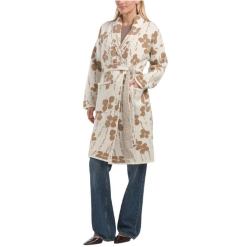 COCOGIO Long Open Front Jacquard Cardigan With Belt And Pockets
